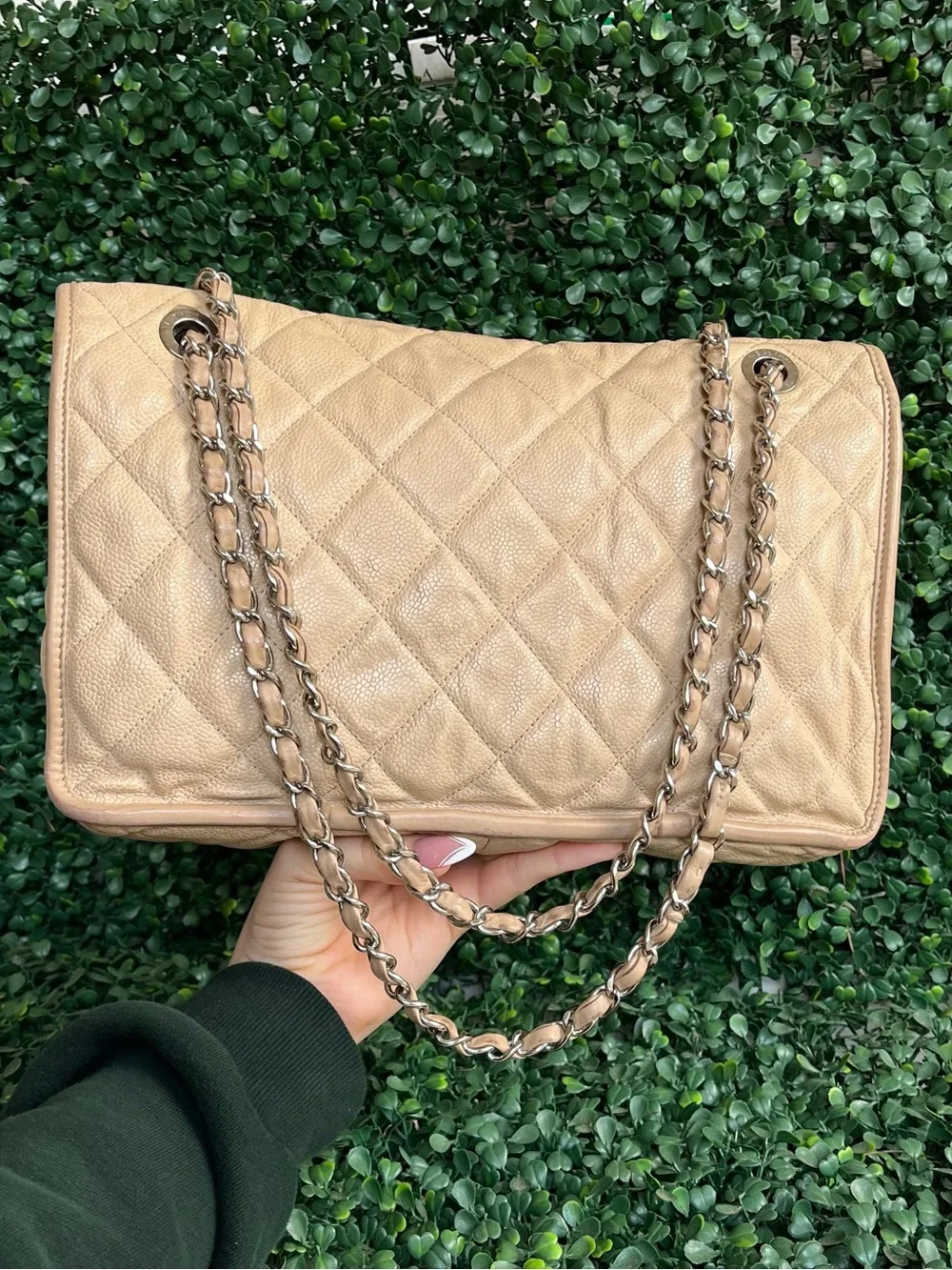 CHANEL Beige Quilted Leather Shoulder Bag with Silver-Tone CC
